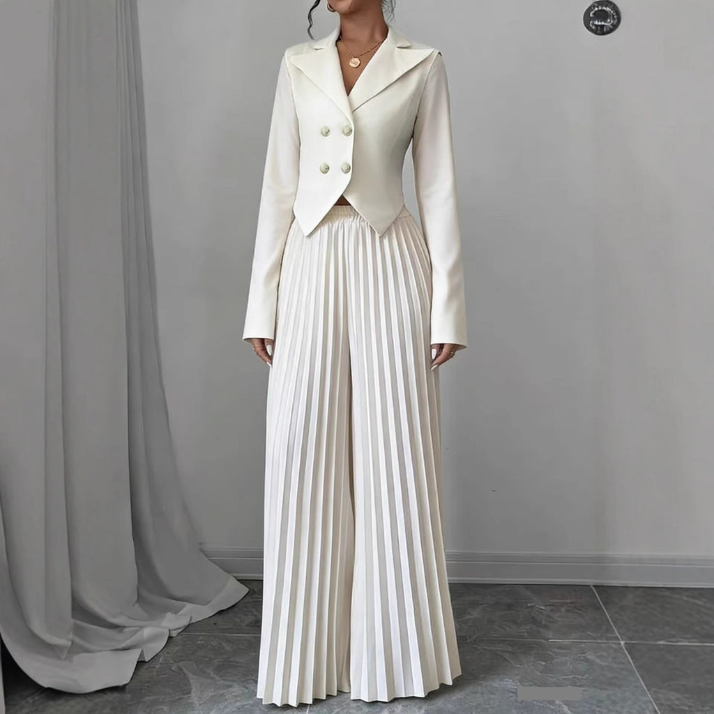 Women's Two Piece Suit Set - Double Breasted Cropped Blazer - Pleated Wide Leg Pants