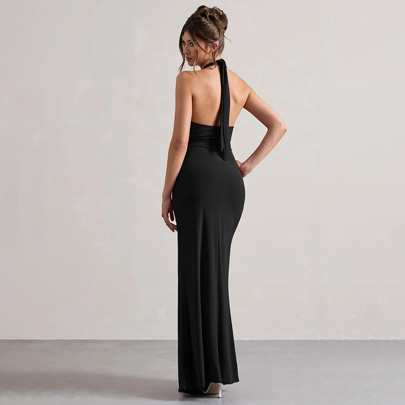 Women's Formal Maxi Dress - Deep Plunge Halter Neck - Ruched Silhouette