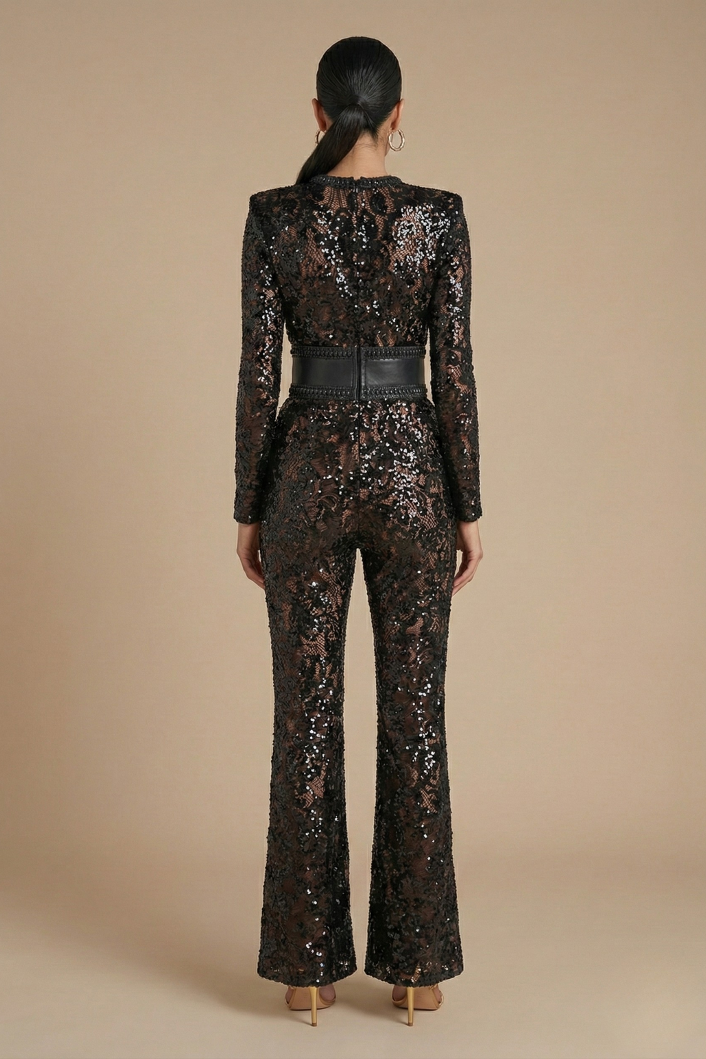 Women’s Long Sleeve Lace Evening Jumpsuit with Tailored Waist and Flared Leg Elegant Event Style