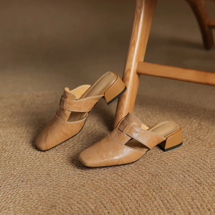 Women's Square Toe Block Heel Leather Mules with Cutout Strap