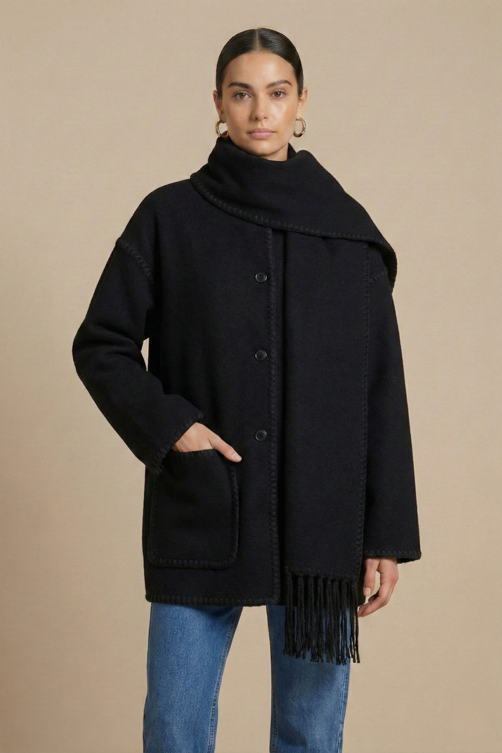 Women’s Open Front Scarf Coat with Fringe Hem Patch Pockets and Contrast Trim