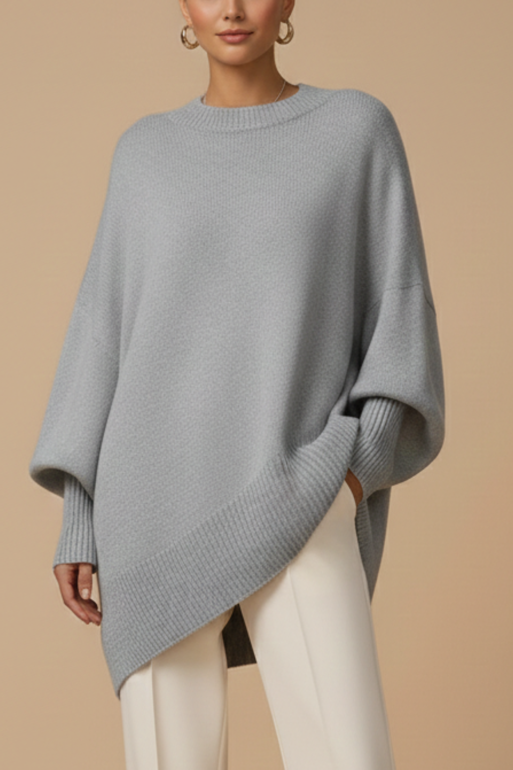 Women’s Oversized Sweater with Crew Neck Drop Shoulders and Ribbed Trim