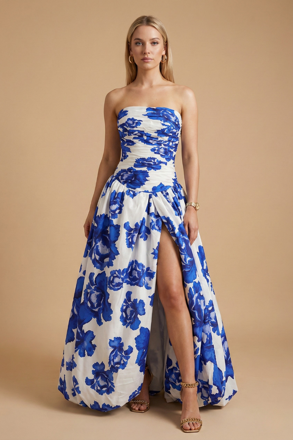 Women’s Strapless Floral Maxi Dress with Draped Front and Thigh Slit