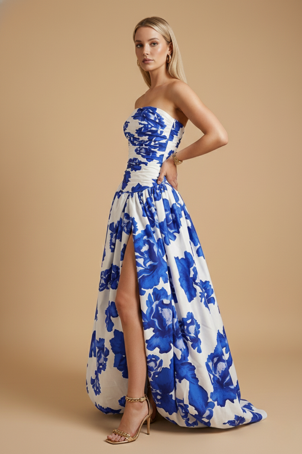 Women’s Strapless Floral Maxi Dress with Draped Front and Thigh Slit