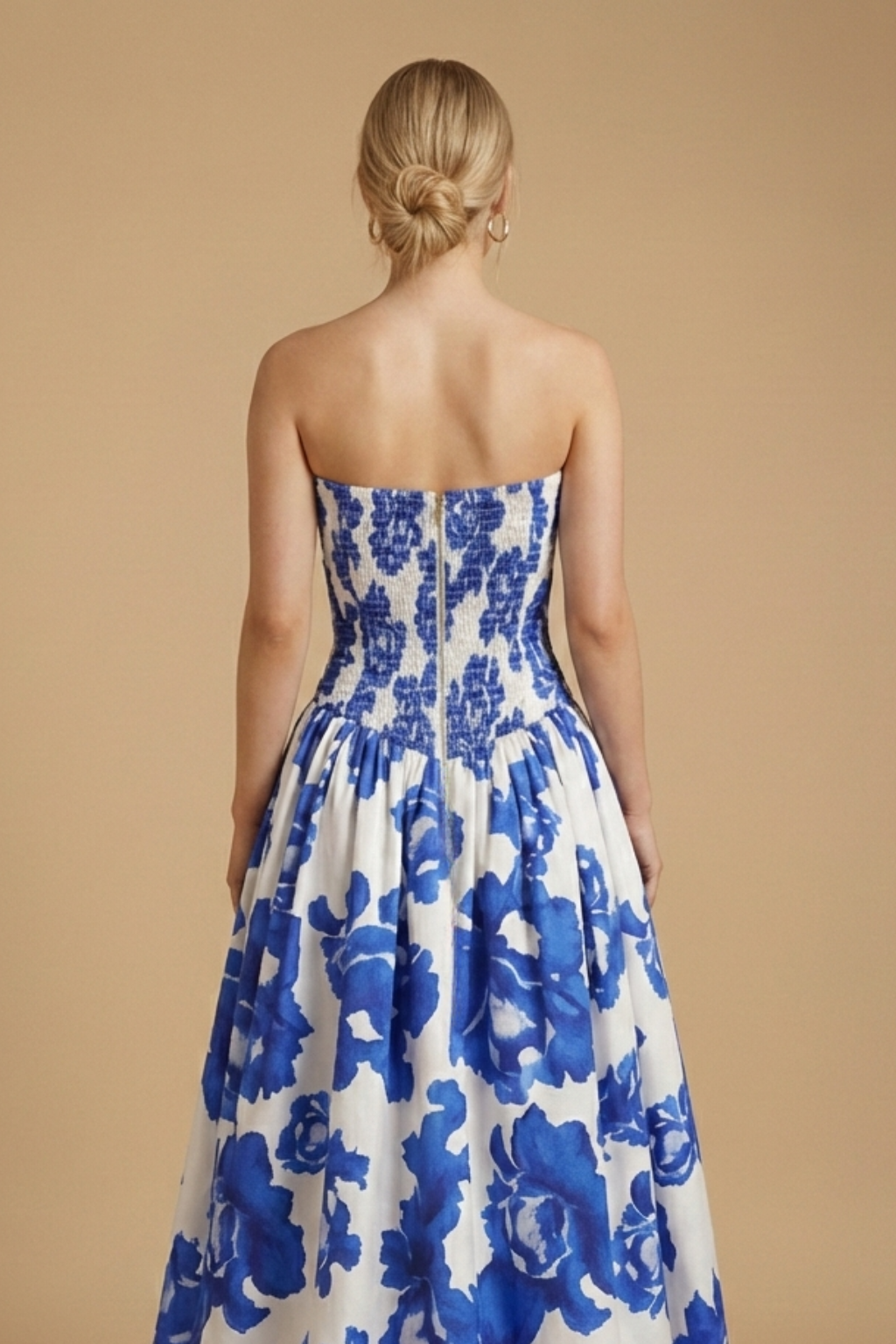 Women’s Strapless Floral Maxi Dress with Draped Front and Thigh Slit