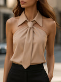 Women’s Sleeveless Polo Collar Tie Shirt - Tailored Vest-Style Top - Elegant Work-to-Evening Design
