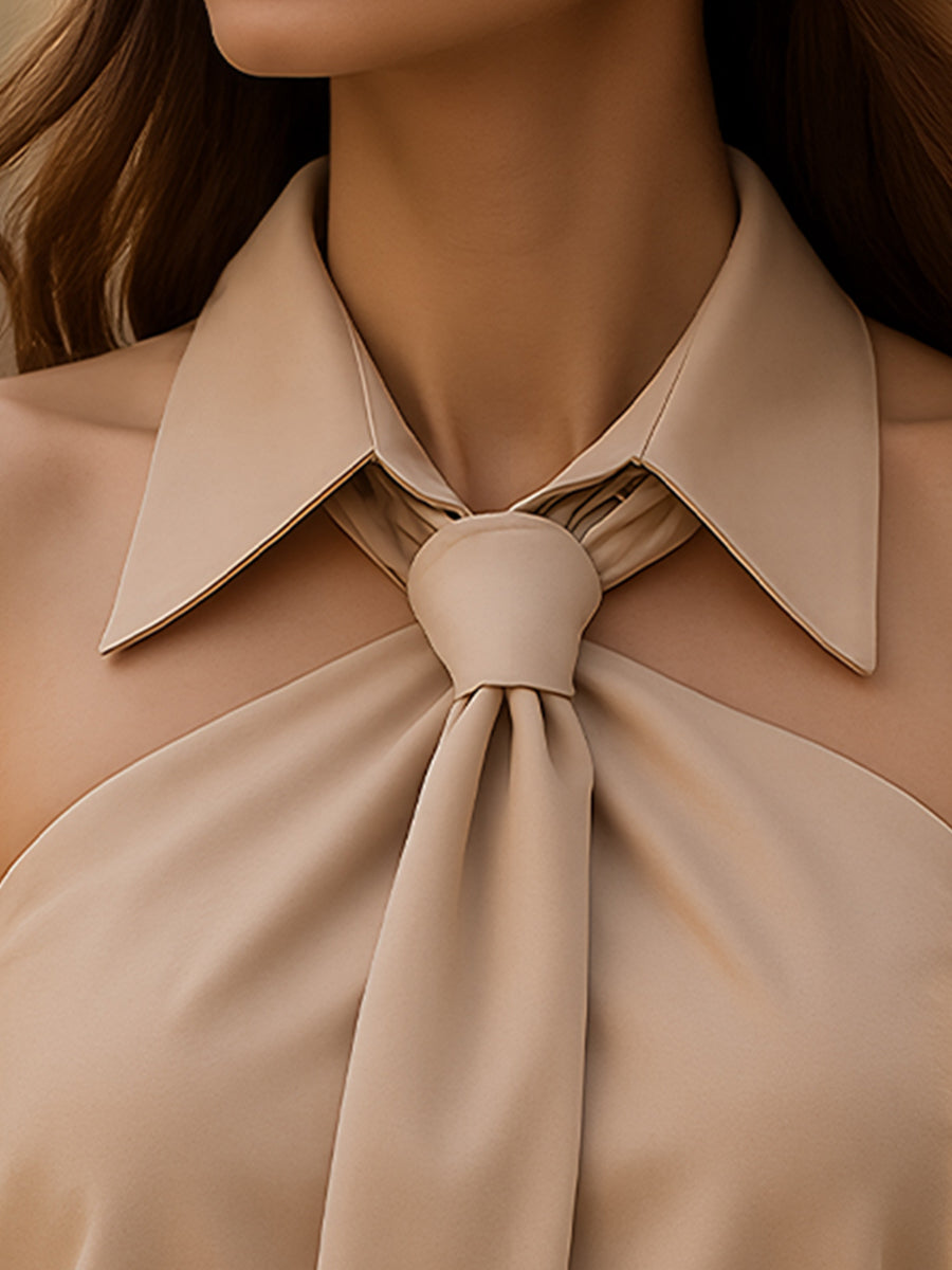 Women’s Sleeveless Polo Collar Tie Shirt - Tailored Vest-Style Top - Elegant Work-to-Evening Design