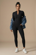 Women’s Long Sleeve Zip-Front Sculpting Bodycon Jumpsuit – Sleek Second-Skin Fit