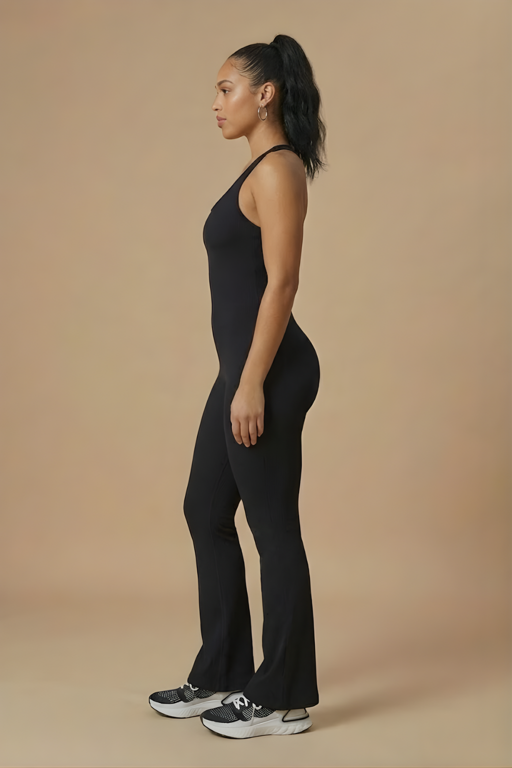 Women’s V-Back Sleeveless Flared Bodysuit – Sculpted Silhouette with Wide-Leg Finish