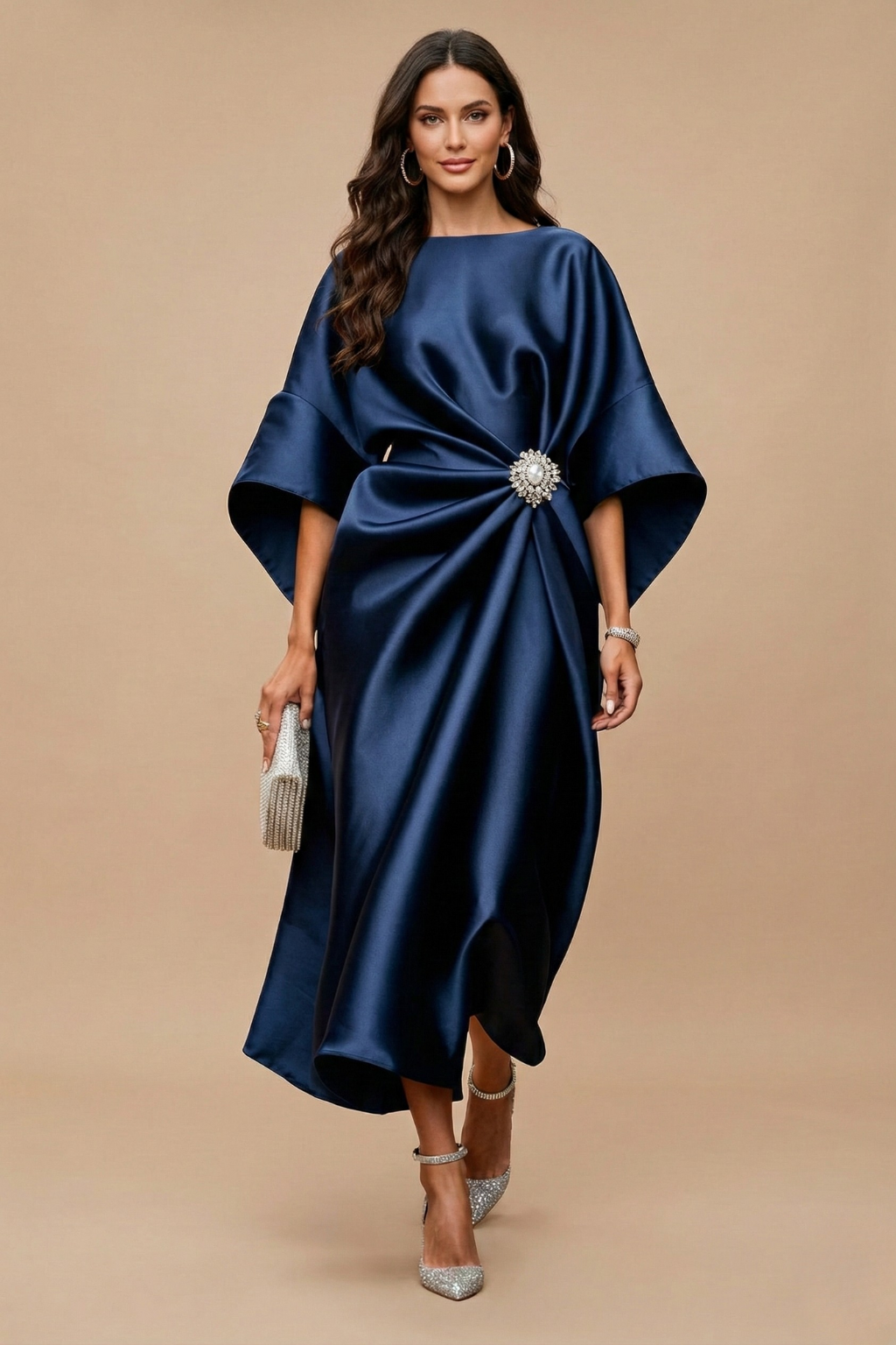 Women’s Elegant Wide Sleeve Maxi Dress with Draped Detail for Evening Occasions