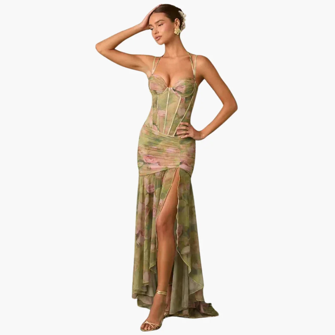 Women's Floral Print Corset Bodice Spaghetti Strap Maxi Dress
