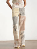 Women's Patchwork Print Wide Leg Jeans - High Rise Button Closure