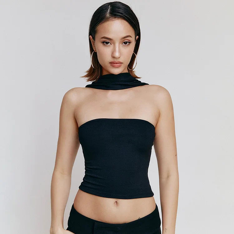 Women's Strapless Crop Top with Draped Halter Neck Scarf