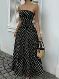Women's Strapless Polka Dot Ruched Maxi Dress - Flowy Skirt