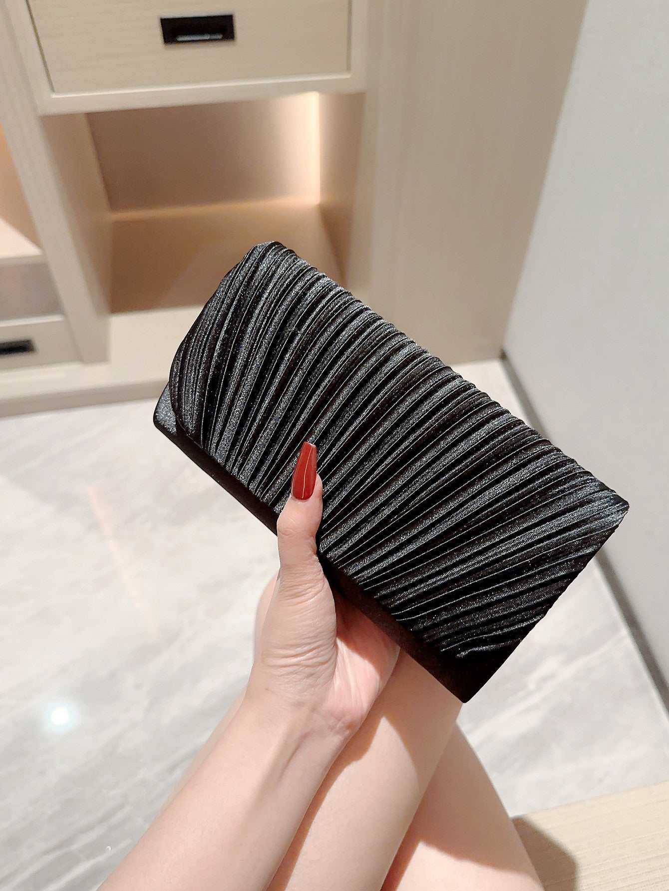 Women's Pleated Satin Clutch Bag Envelope with Flap Closure