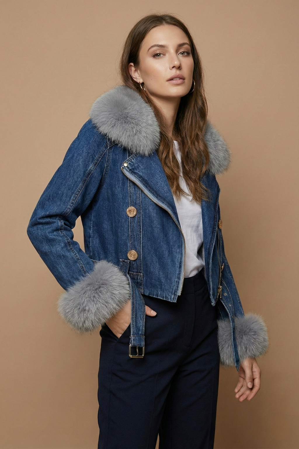 Women’s Cropped Denim Jacket with Plush Trim and Zip Front