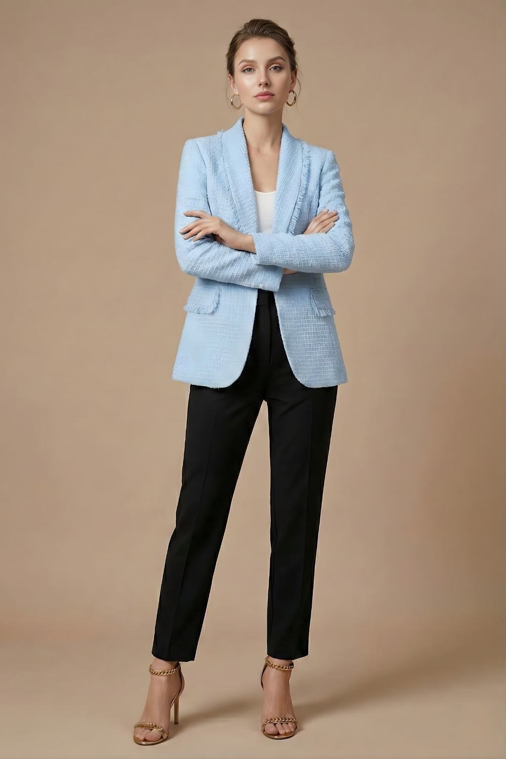 Women’s Tailored Double-Breasted Bouclé-Style Blazer with Frayed Trim