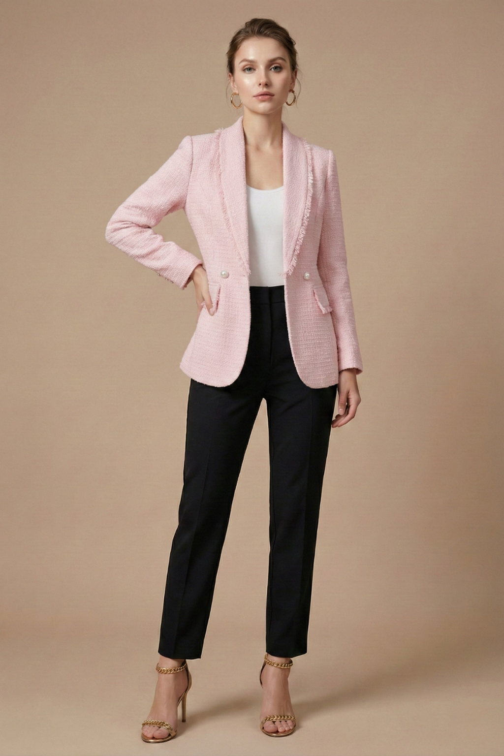 Women’s Tailored Double-Breasted Bouclé-Style Blazer with Frayed Trim