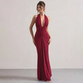 Women's Formal Maxi Dress - Deep Plunge Halter Neck - Ruched Silhouette