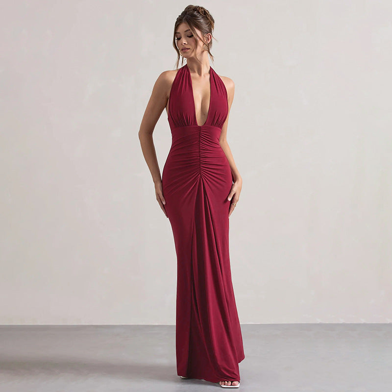 Women's Formal Maxi Dress - Deep Plunge Halter Neck - Ruched Silhouette
