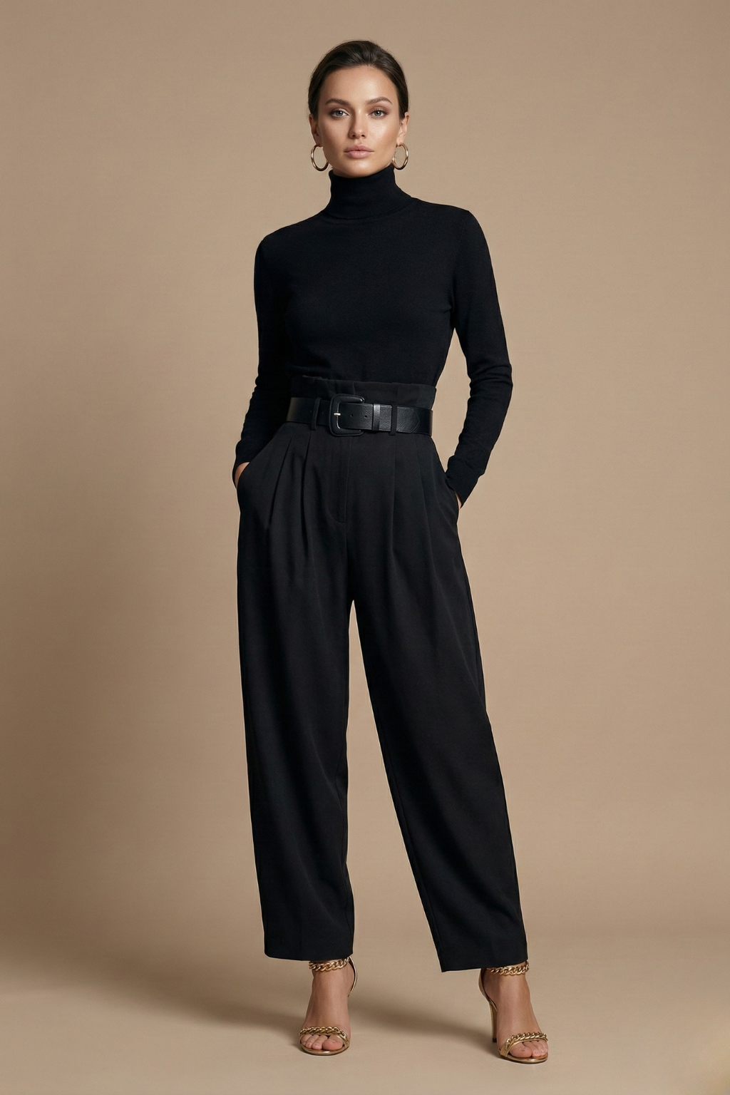 Women Two Piece Set - Turtleneck Long Sleeve Top - Straight Leg Pants Belted Design