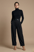Women Two Piece Set - Turtleneck Long Sleeve Top - Straight Leg Pants Belted Design