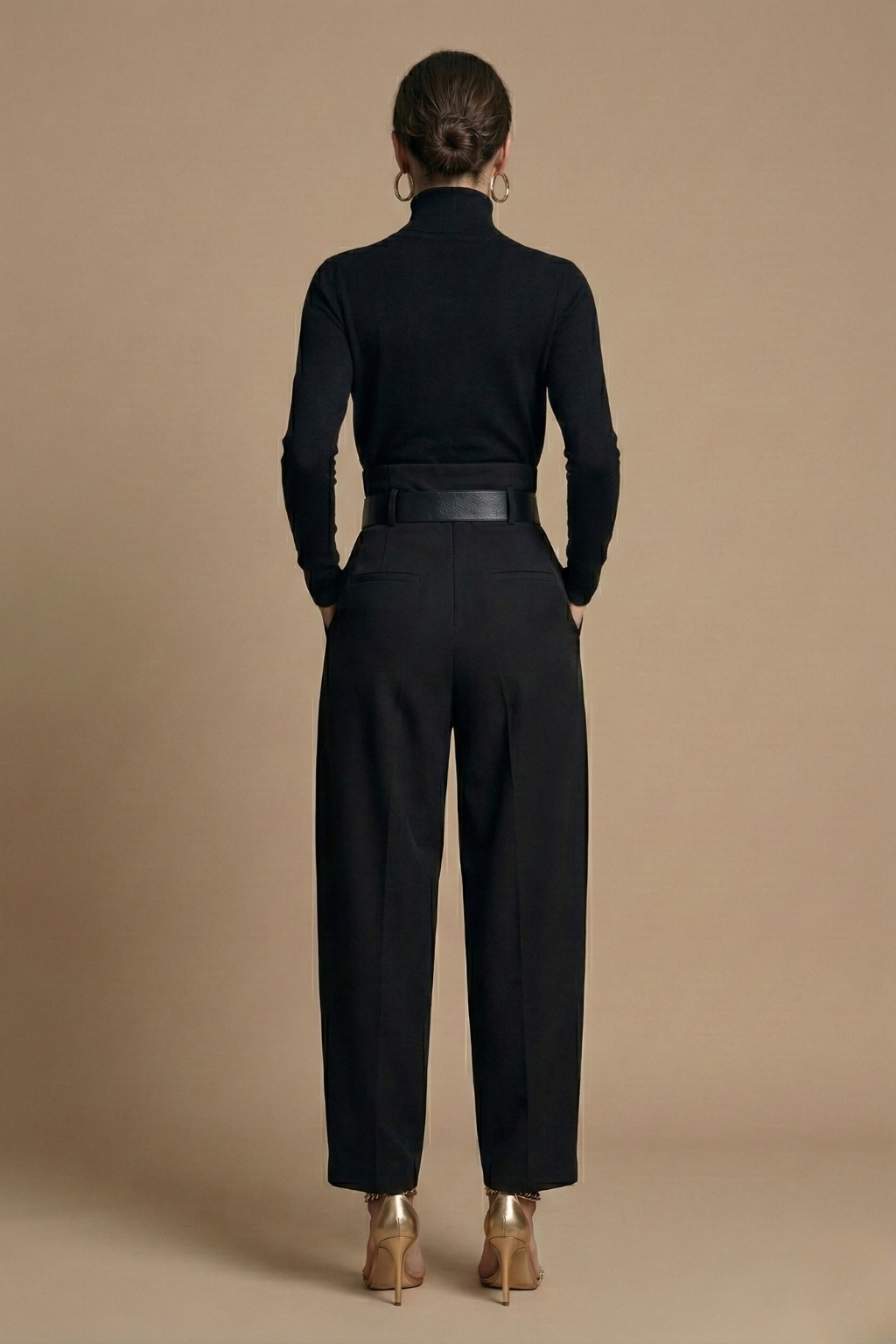Women Two Piece Set - Turtleneck Long Sleeve Top - Straight Leg Pants Belted Design