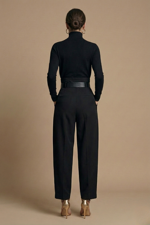 Women Two Piece Set - Turtleneck Long Sleeve Top - Straight Leg Pants Belted Design