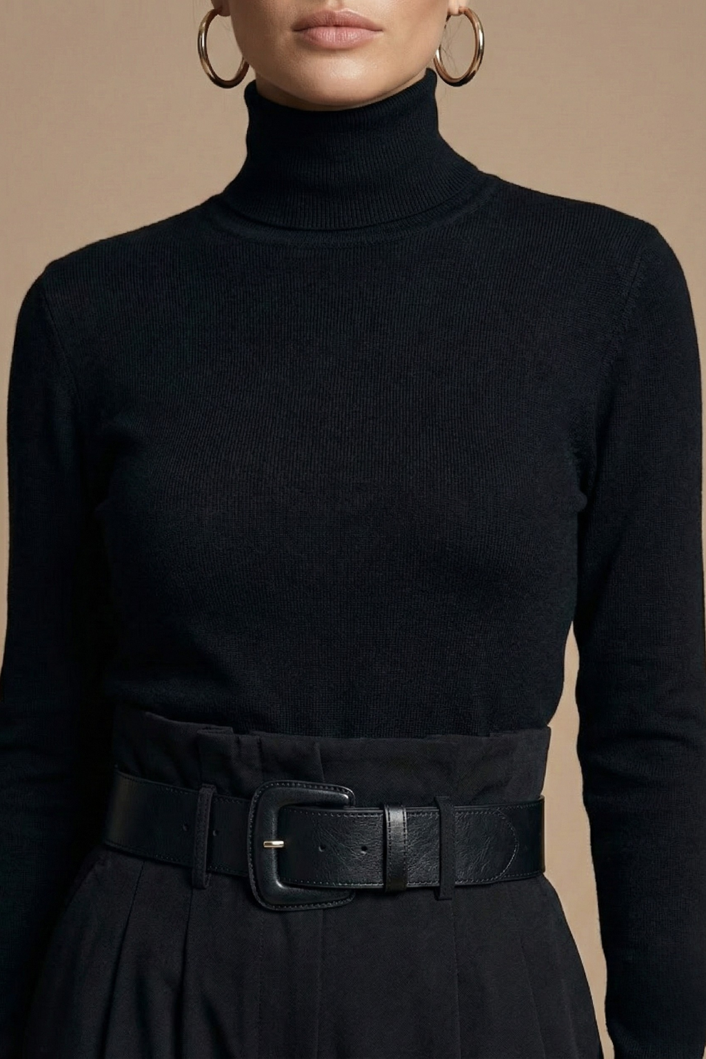 Women Two Piece Set - Turtleneck Long Sleeve Top - Straight Leg Pants Belted Design