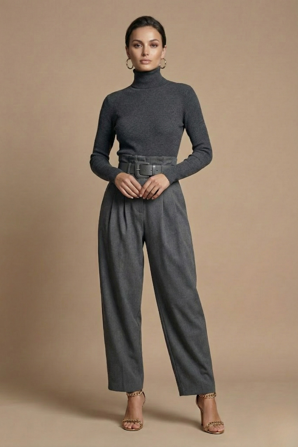 Women Two Piece Set - Turtleneck Long Sleeve Top - Straight Leg Pants Belted Design