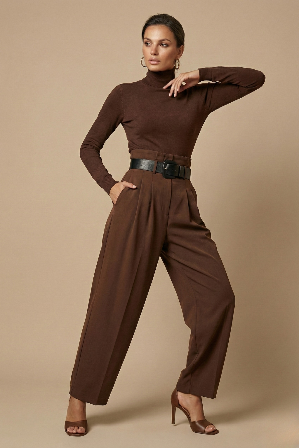 Women Two Piece Set - Turtleneck Long Sleeve Top - Straight Leg Pants Belted Design