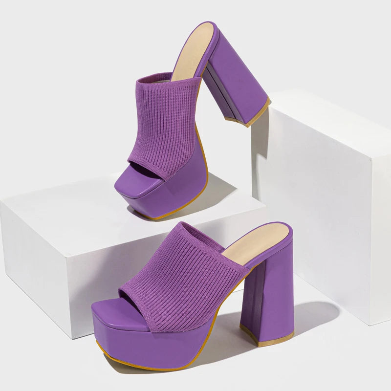 Women's Open Toe Knit Block Heel Platform Mule Sandals