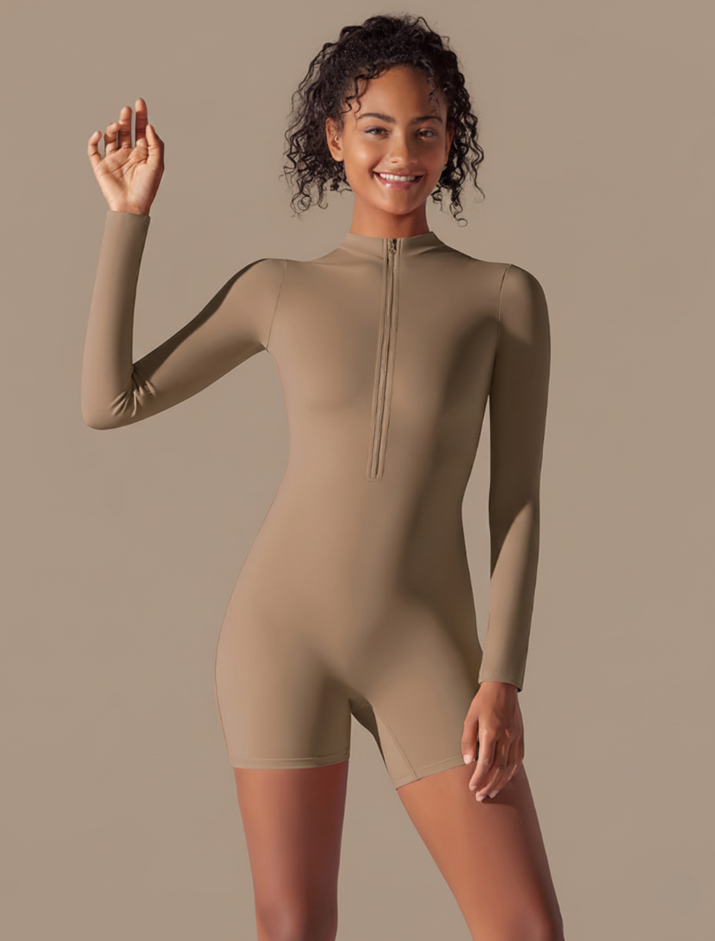 Seamless Long Sleeve Jumpsuit - Slim Fit Short Length Zip Front One Piece Activewear