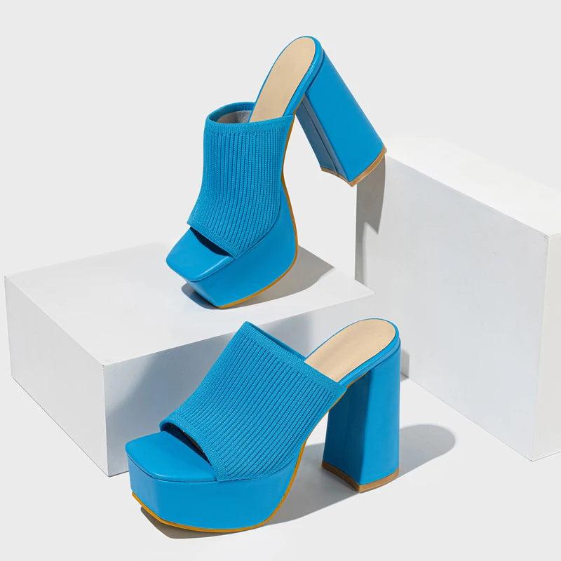 Women's Open Toe Knit Block Heel Platform Mule Sandals