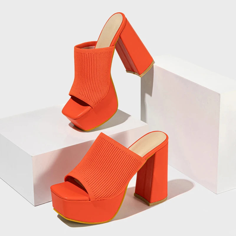 Women's Open Toe Knit Block Heel Platform Mule Sandals