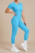 Short Sleeve Open Back Jumpsuit - Slim Fit Full Length One Piece Activewear
