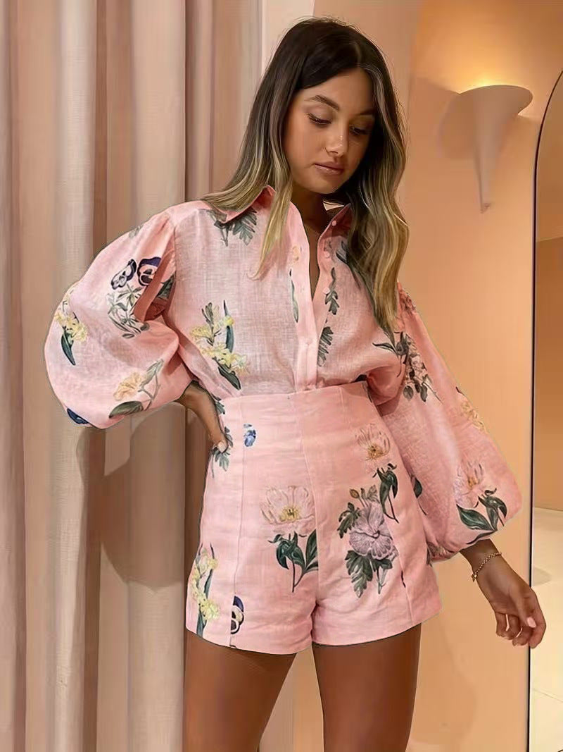 Women's Floral Linen Blend Balloon Sleeve Shirt and High Waist Shorts - 2 Piece Set