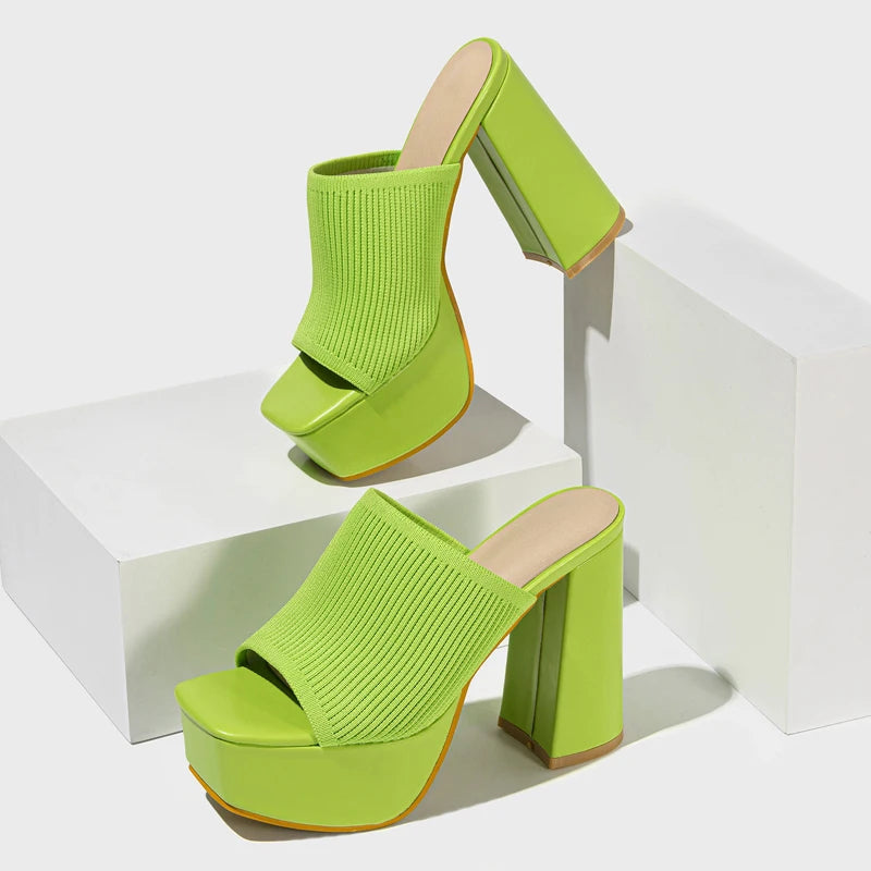 Women's Open Toe Knit Block Heel Platform Mule Sandals