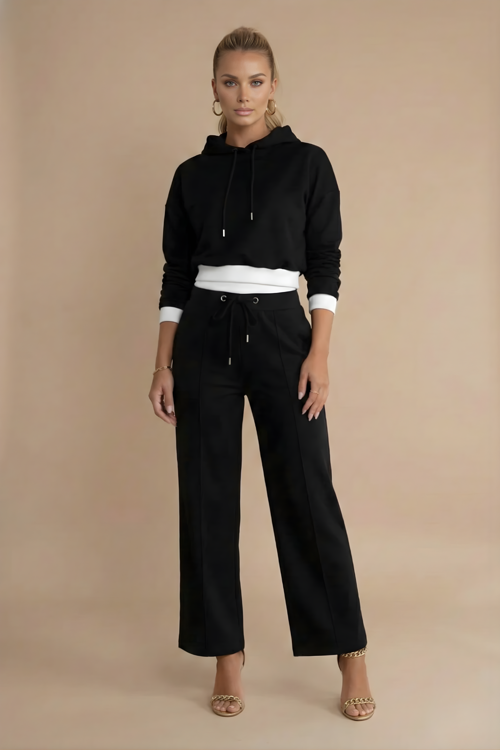 Women Two Piece Hoodie Tracksuit Set - Wide Leg Trousers - Relaxed Fit Co Ord Outfit