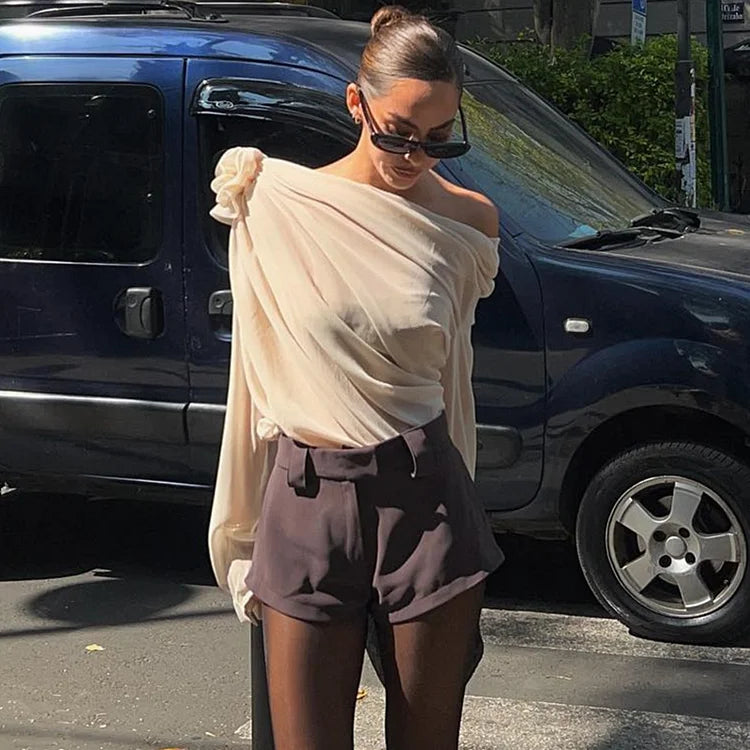 Women's Off Shoulder Draped Blouse with Rosette Detail