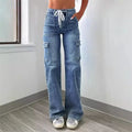 Women's Cargo Jeans - High Waist Drawstring Flap Pocket Wide Leg Denim Pants with Washed Finish