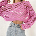 Women's Crochet Crop Top - Crew Neck Long Sleeve Open Knit Sheer Cropped Jumper with Ribbed Hem
