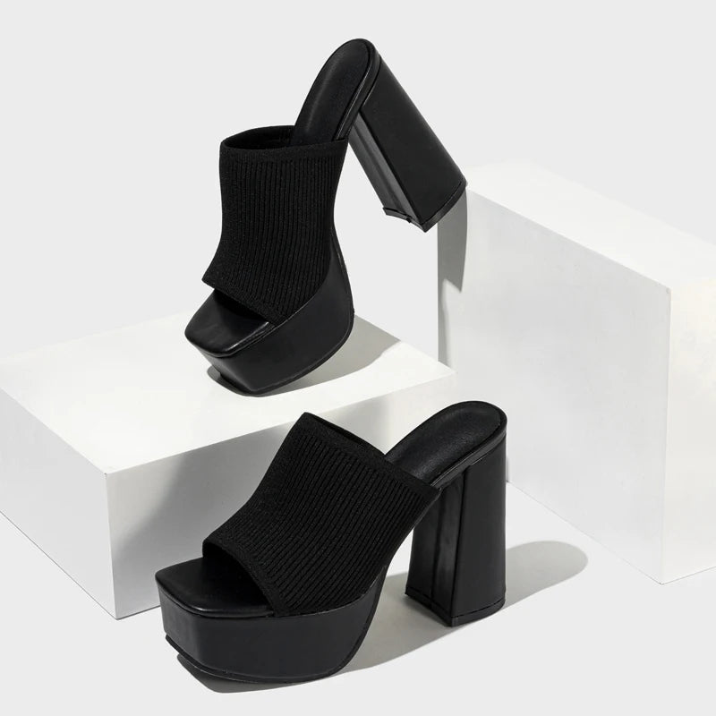 Women's Open Toe Knit Block Heel Platform Mule Sandals
