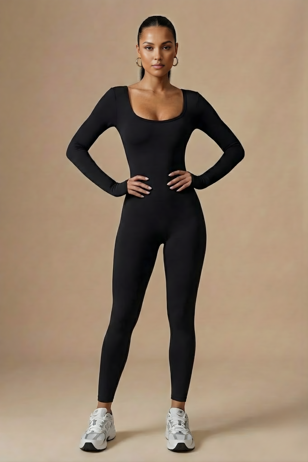 Women’s V-Back Long Sleeve Bodysuit with Pockets, Sculpted Fit, Full Length, Modern Active-Inspired One-Piece