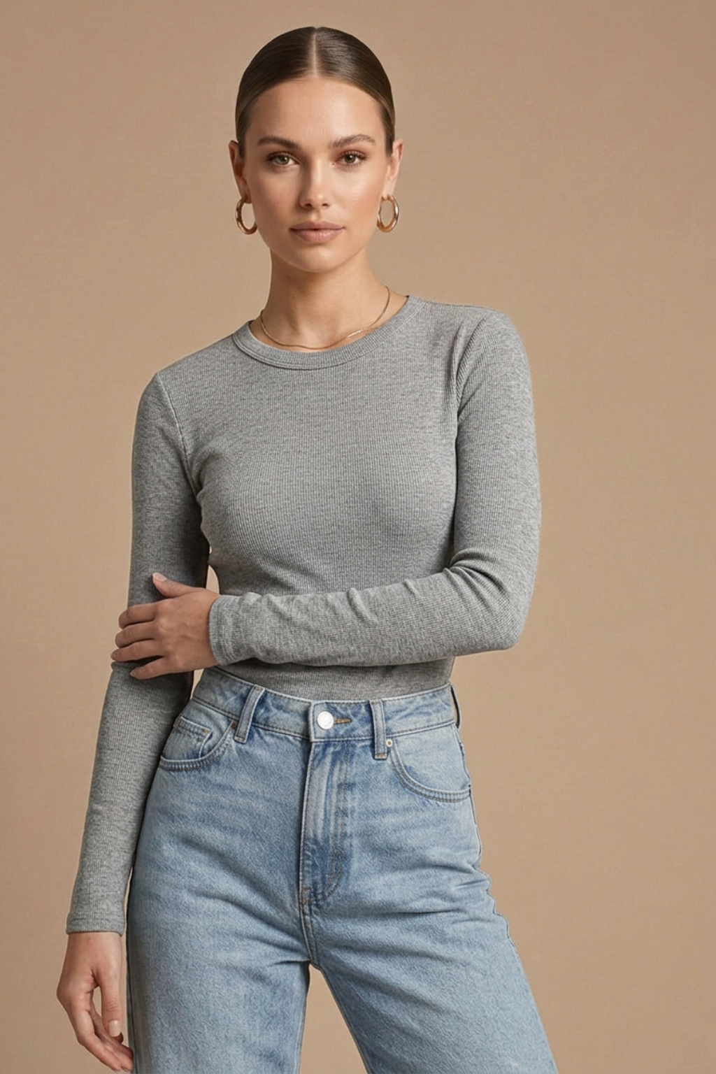 Women's Crew Neck Ribbed Long Sleeve Top - Fitted