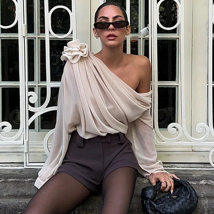 Women's Off Shoulder Draped Blouse with Rosette Detail