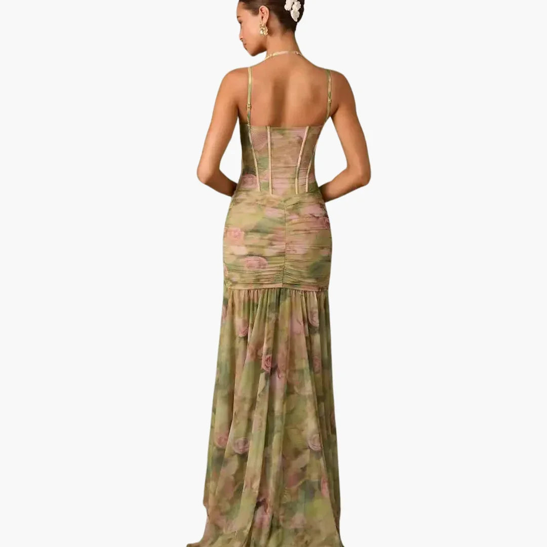 Women's Floral Print Corset Bodice Spaghetti Strap Maxi Dress