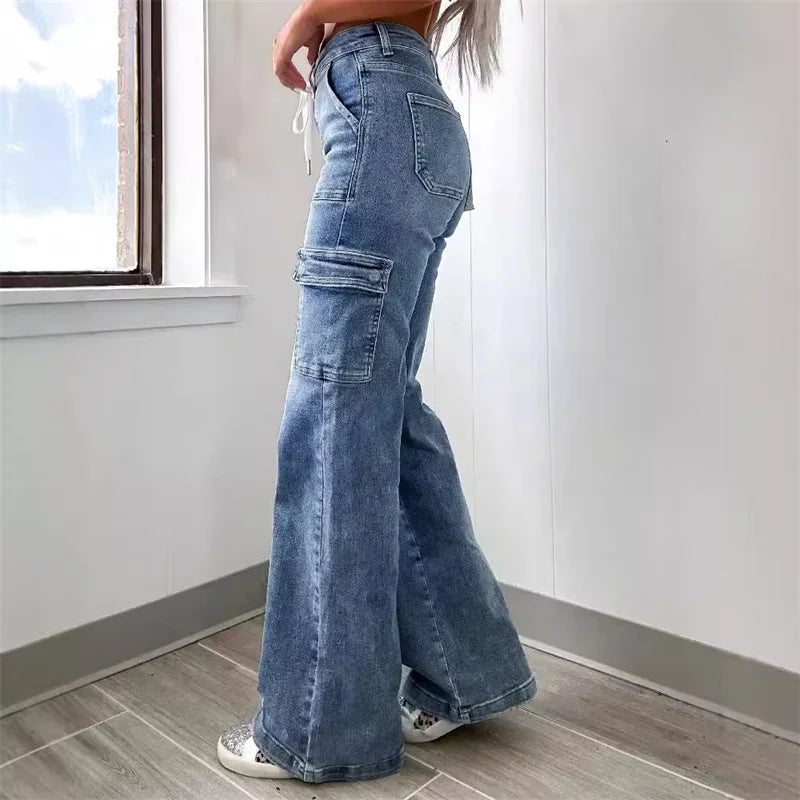 Women's Cargo Jeans - High Waist Drawstring Flap Pocket Wide Leg Denim Pants with Washed Finish