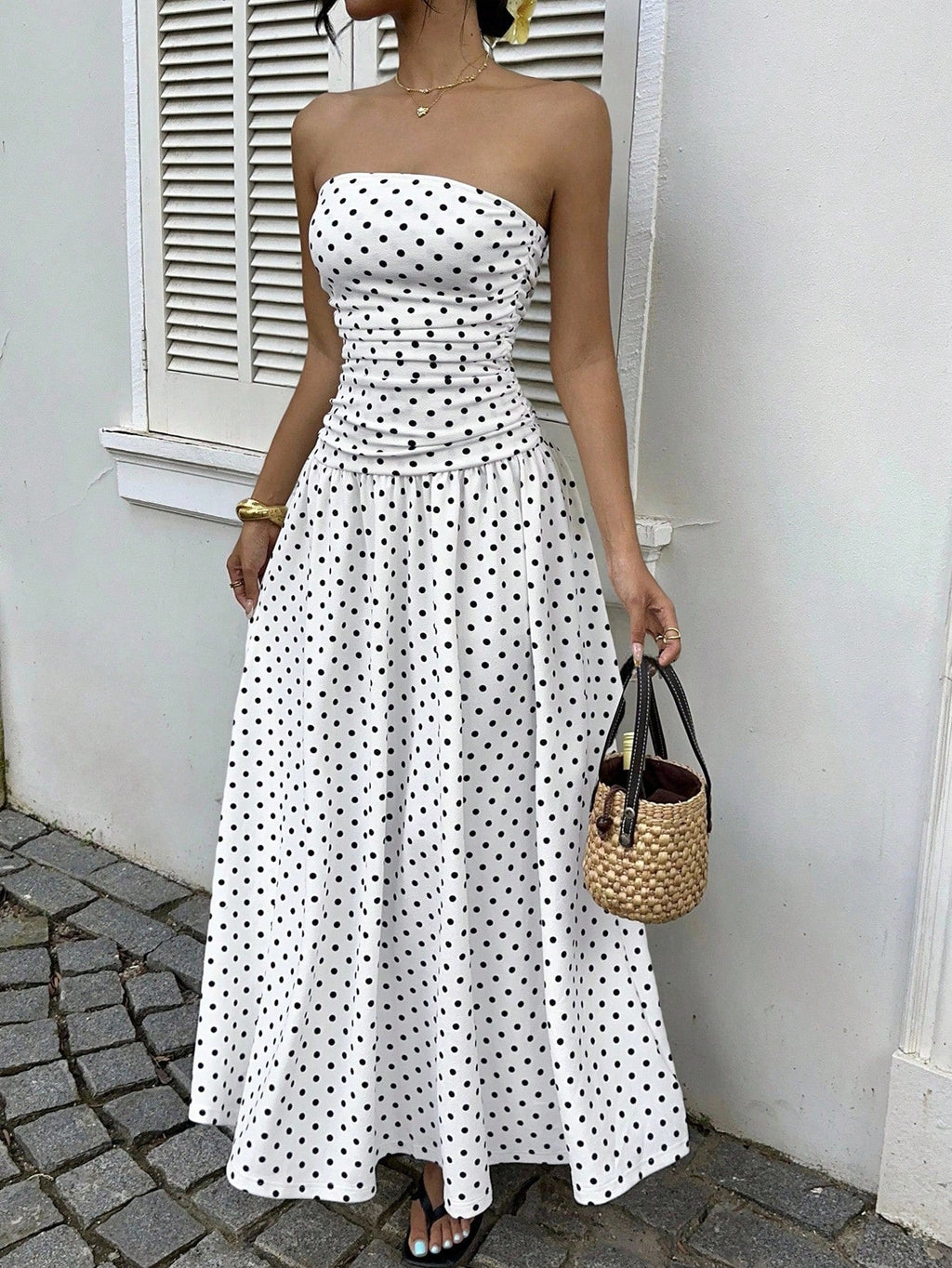 Women's Strapless Polka Dot Ruched Maxi Dress - Flowy Skirt