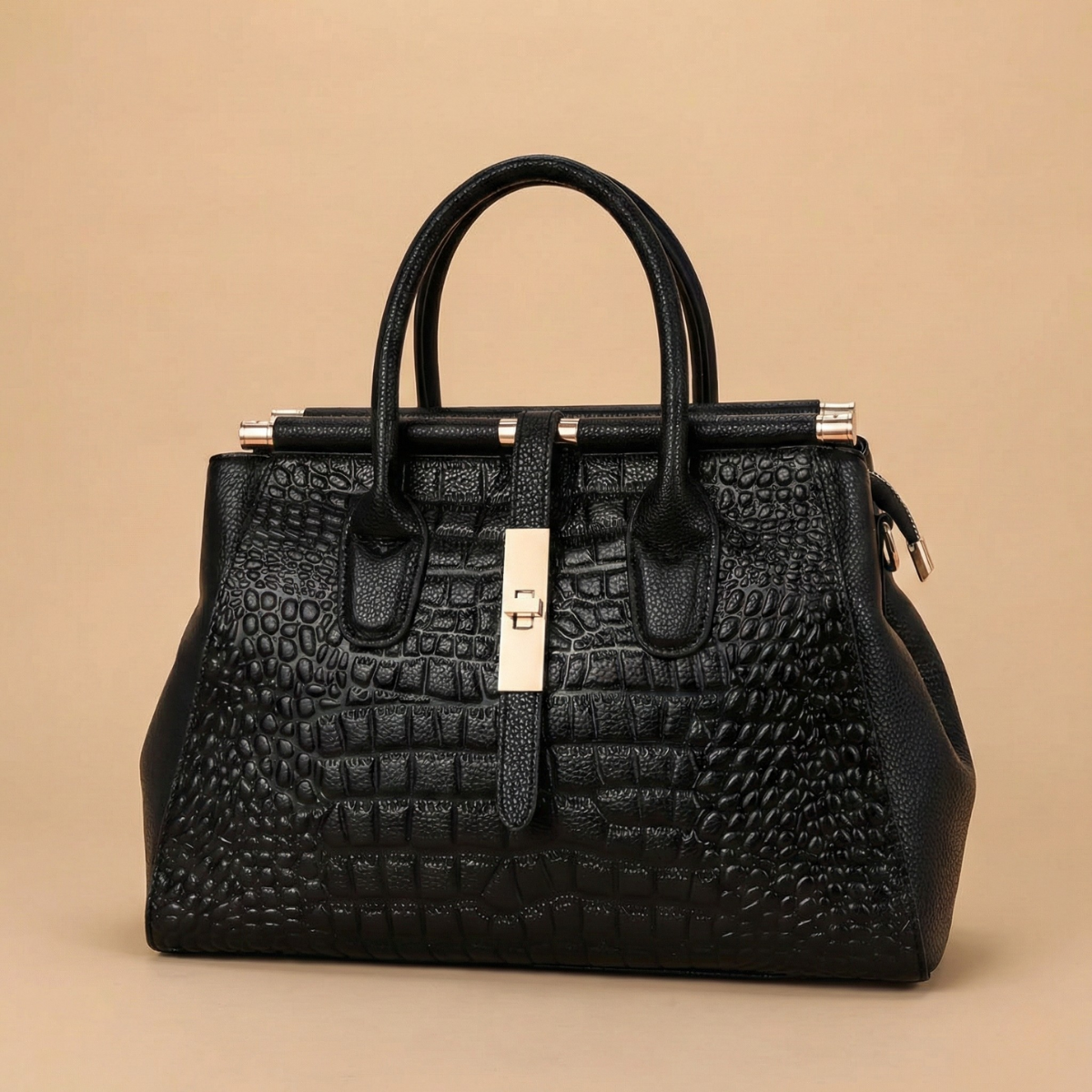 Women’s Structured Top Handle Bag with Embossed Texture and Metal Lock Closure